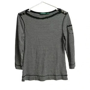 Lauren Ralph Lauren Women's Top Black Cream Stripes 3/4 Sleeves Large